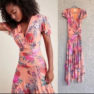 Maeve By Anthropologie Pink & Orange Flutter Sleeve Dress W/Butterflies &Flowers